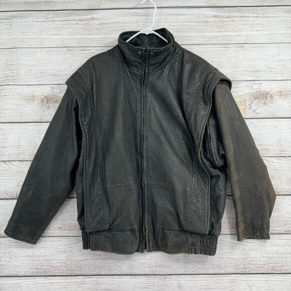 Vintage Andrew Marc Convertible Pebbled Leather Jacket Mens M Black Brown - Picture 1 of 16
